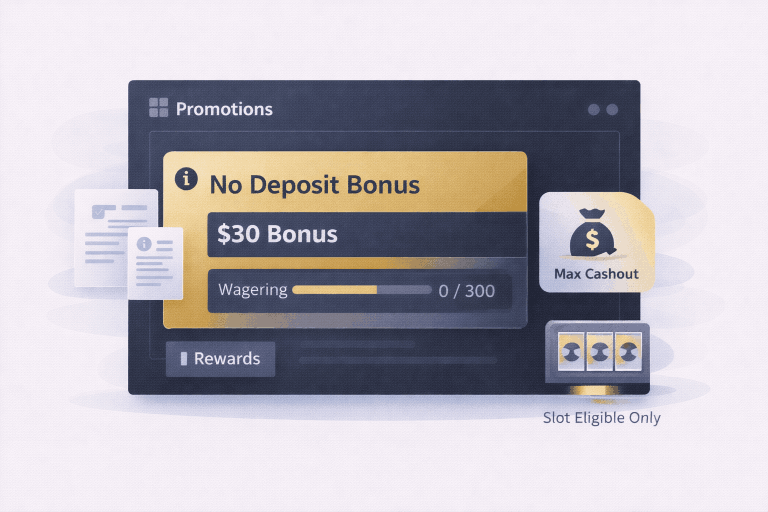 30Bet Casino no deposit bonus illustration showing promotions page, rewards section, and bonus rules