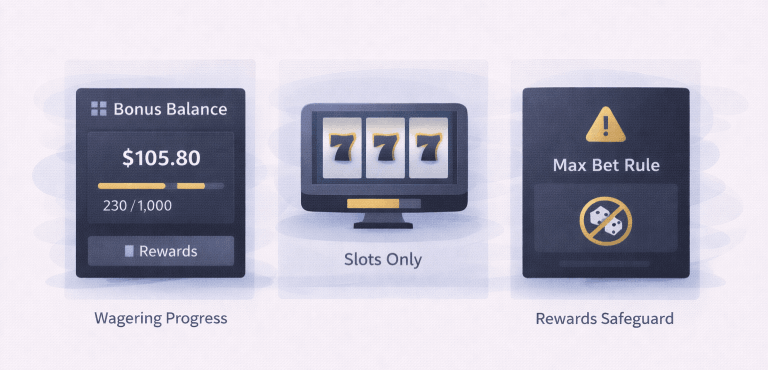 30Bet Casino bonus rules illustration showing wagering progress, eligible slots, and max bet restrictions