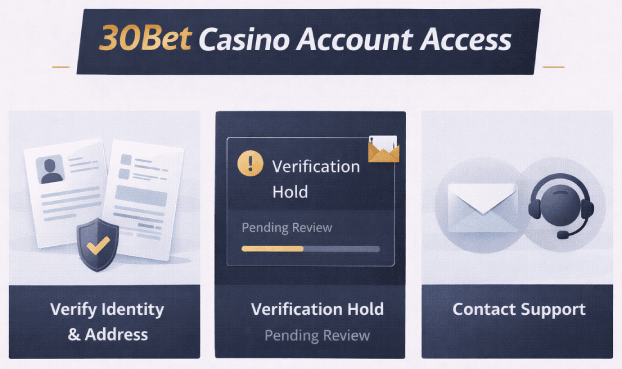 30Bet Casino verification illustration showing KYC documents, withdrawal hold review, and support options