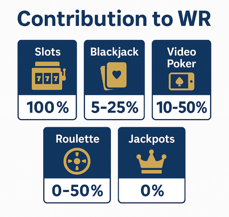 Typical WR contribution by game type — slots 100%, others reduced.