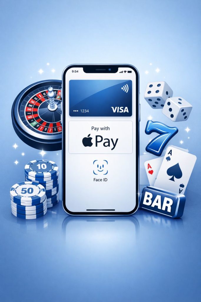 Apple Pay casino payment method illustration showing iPhone Wallet with secure UK online casino elements