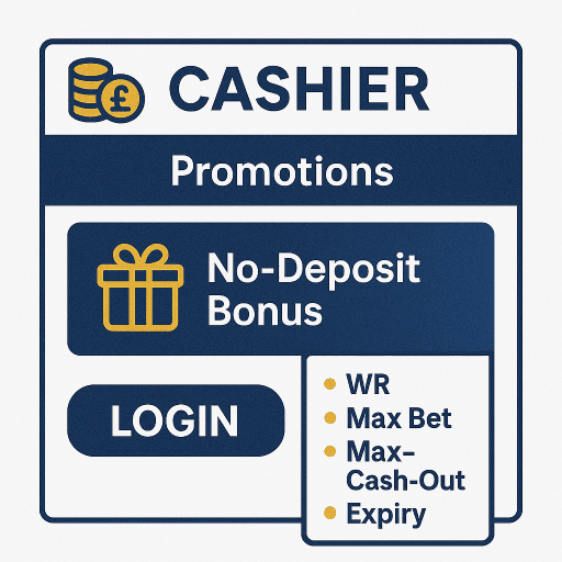 Aztec Paradise cashier with a no-deposit bonus card and key terms (WR, max bet, cash-out, expiry).
