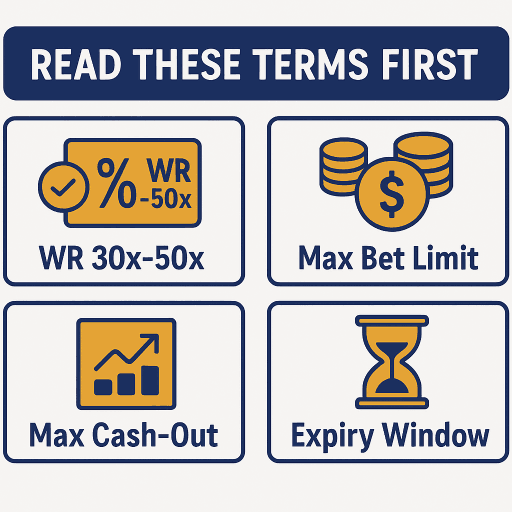 Read these terms first — WR 30×–50×, max bet, max cash-out and expiry window.
