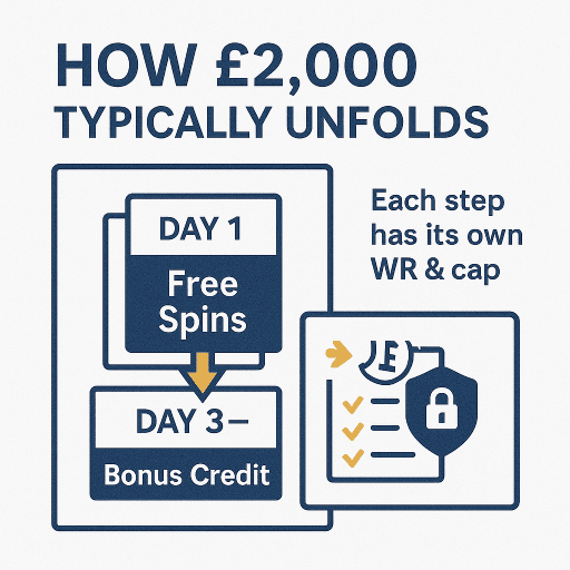 How a £2,000 no-deposit package typically unfolds — staged bonuses, each with its own WR & cap.