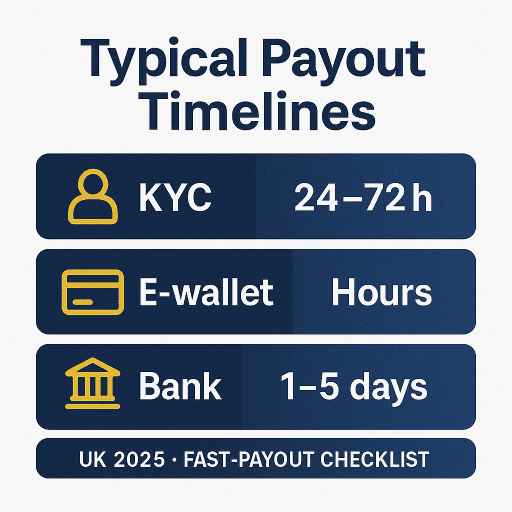 Typical payout timelines — KYC 24–72h, e-wallet hours, bank 1–5 days, card 2–7 days.