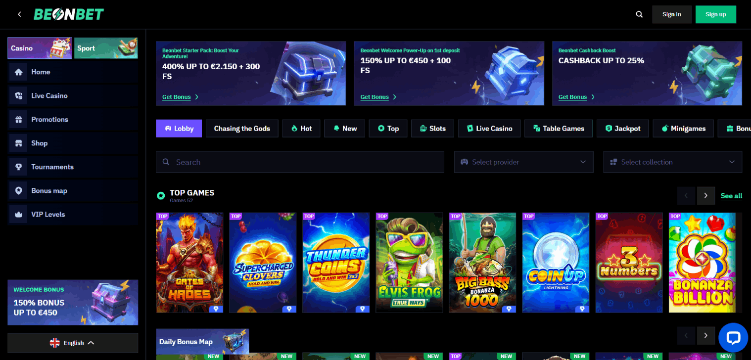 BeonBet casino home page – welcome bonus banner, featured slots carousel and top navigation (UK, 2025)