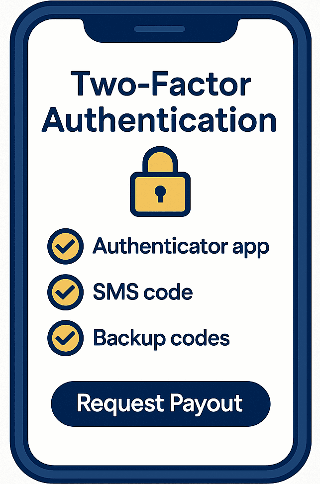 Betfoxx 2FA — authenticator app, SMS code and backup codes.