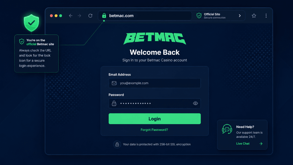 Betmac Casino login illustration showing secure sign-in, official domain check, and account recovery support