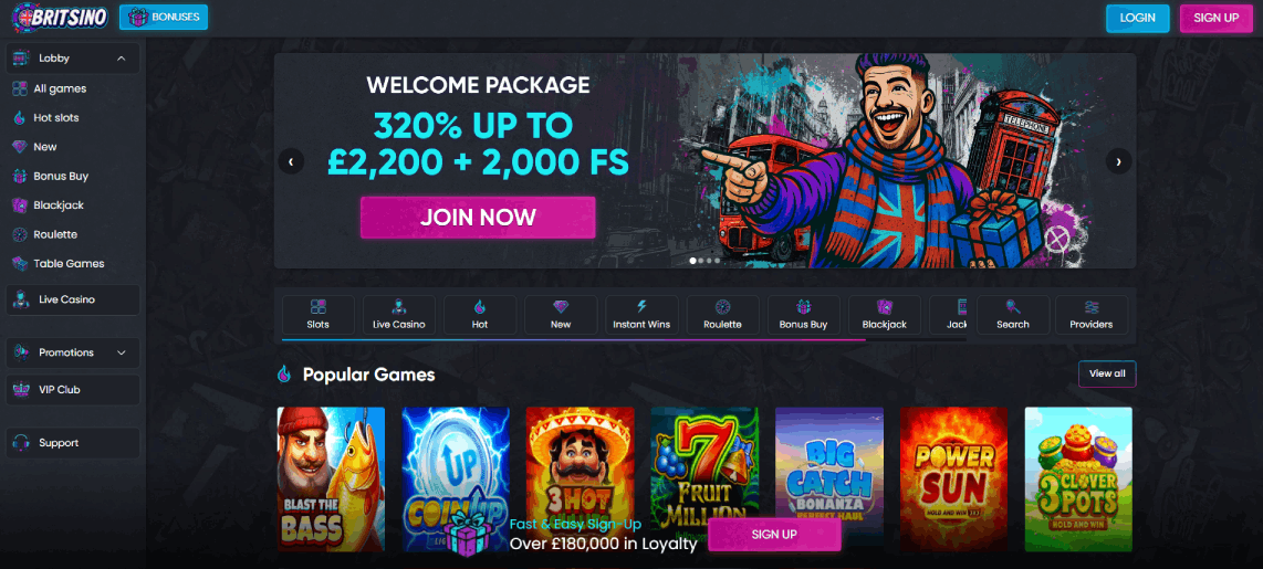 Screenshot of Britsino Casino homepage (desktop view)