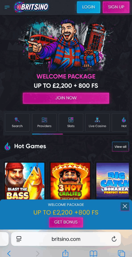 Screenshot of Britsino Casino homepage (mobile view)