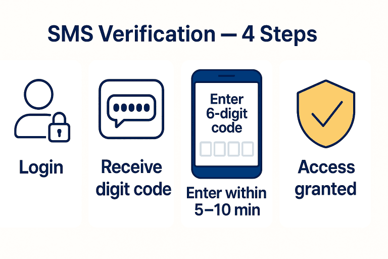 ubblesBet SMS verification flow — login, receive 6-digit code, enter within 5–10 minutes, access granted.