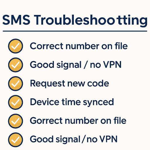 BubblesBet SMS troubleshooting checklist — correct number, good signal, request new code, device time synced.