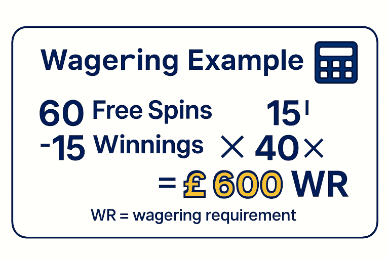 Wagering example for Bubbles Bet: £15 free-spins winnings with 40× equals £600 total wagering.