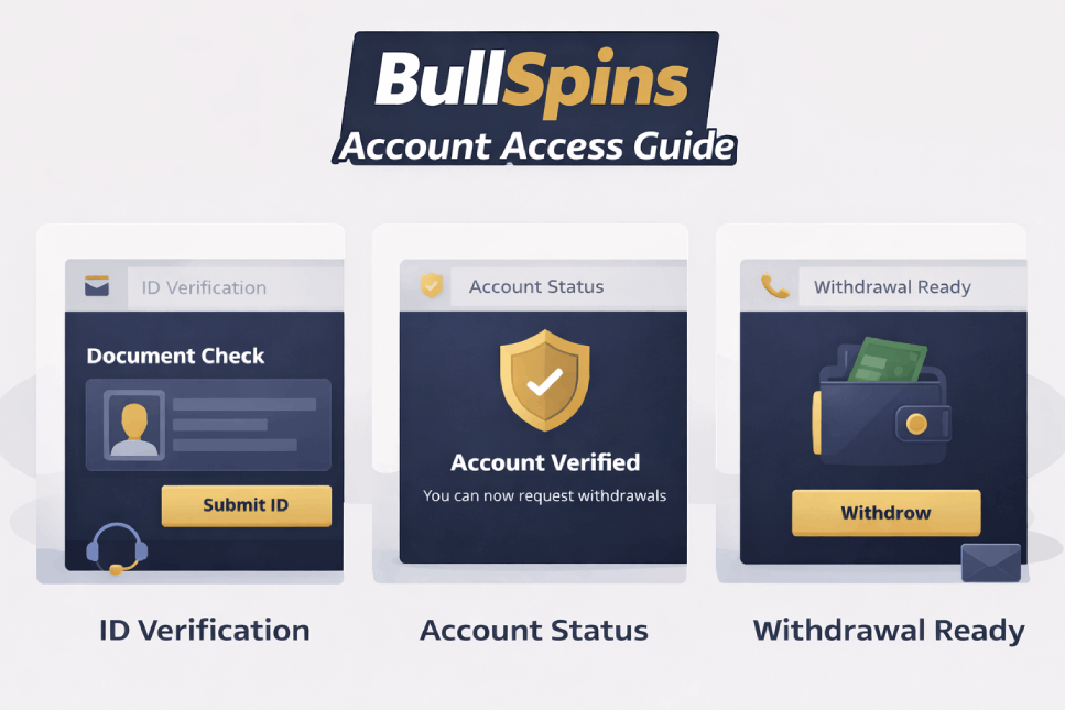BullSpins verification illustration showing ID checks, account review, and withdrawal readiness