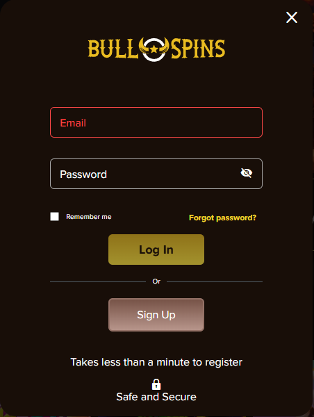 BullSpins login window from official page