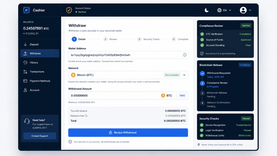 Crypto casino withdrawal illustration showing cashier screen, wallet address input, and network selection