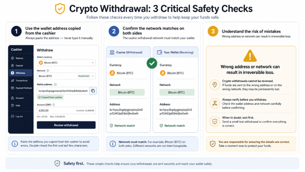 Crypto payout safety illustration showing wallet address check, network matching, and irreversible loss warning