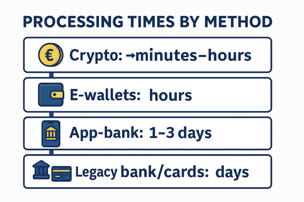 Processing times by method — crypto minutes-hours, e-wallets hours, app-bank days, legacy bank/cards days.