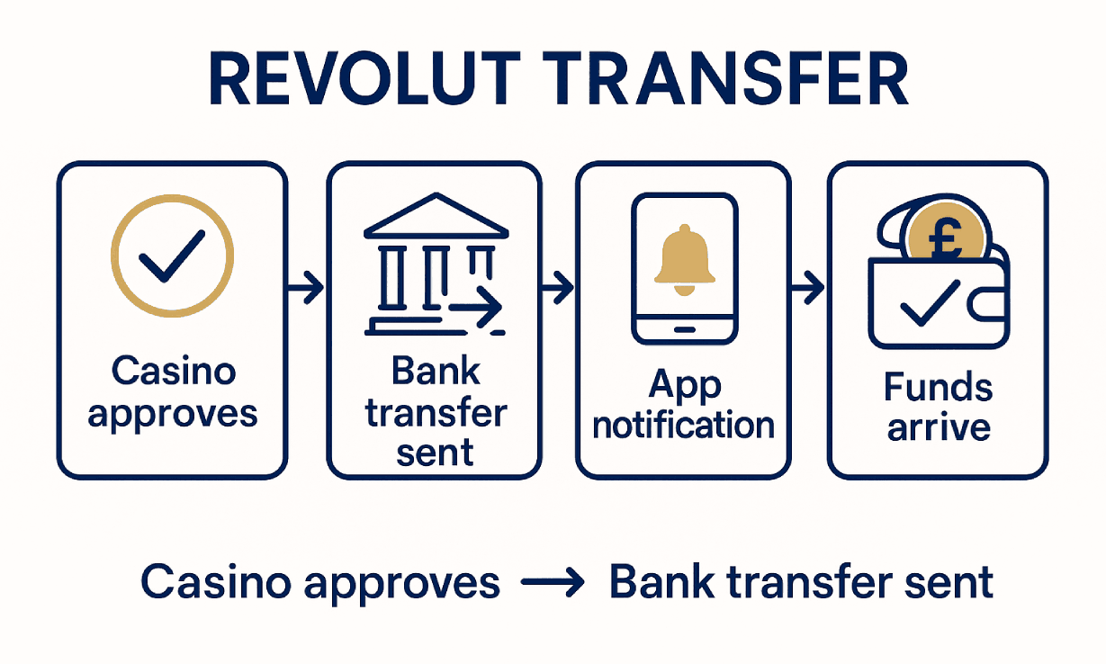 Revolut transfer flow — approve, send, app notification, funds arrive.