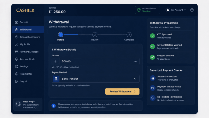 Fast withdrawal casinos illustration showing cashier withdrawal screen, payment method selection, and KYC checks