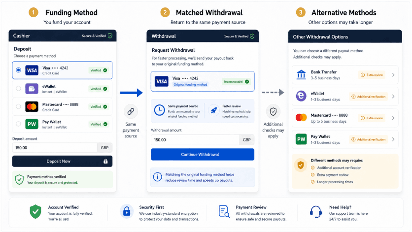Fast payout casino illustration showing deposit method matching, withdrawal routing, and alternative payout checks