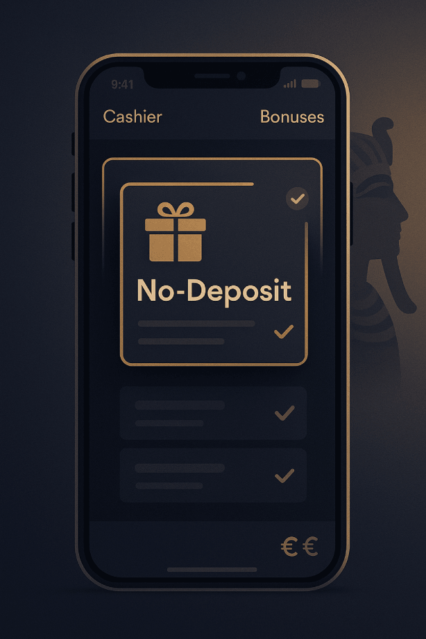 Golden Pharaoh casino no deposit bonus — cashier ‘Bonuses’ view with highlighted card.