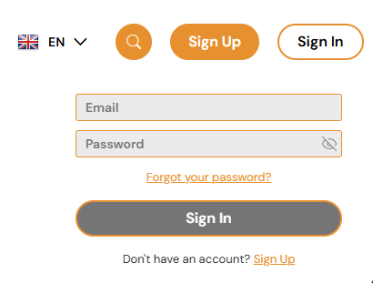 Golden Genie casino login window with email and password fields, Forgot Password link, Sign In button, and top navigation for language, search, Sign Up, and Sign In.