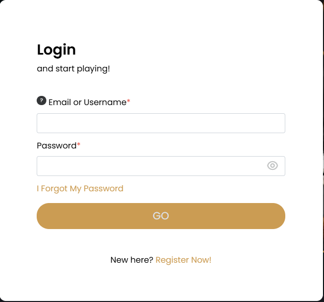 Screenshot of Login form with email/username and password fields, GO button, and Register Now link for new users