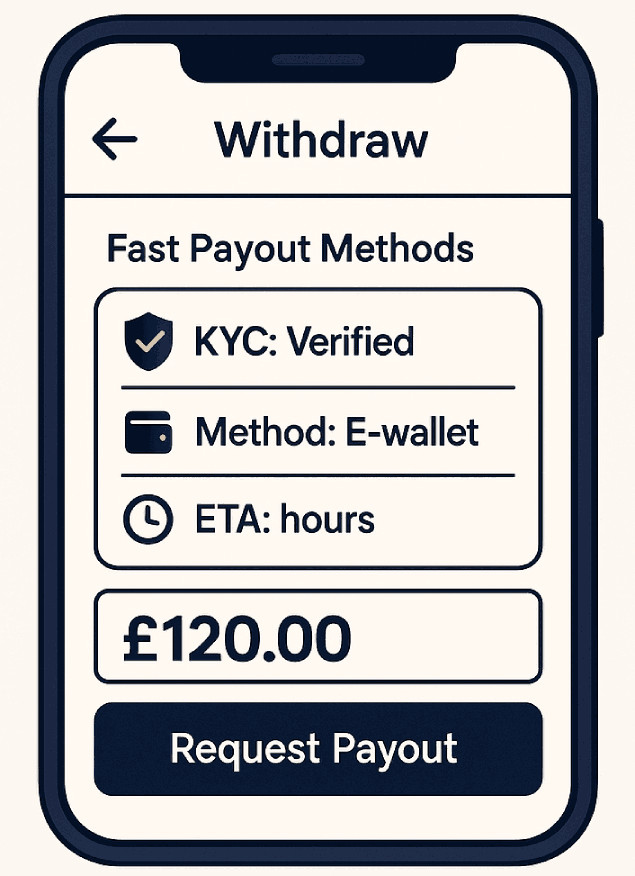 Withdrawal UI — KYC verified, e-wallet selected, quick ETA.
