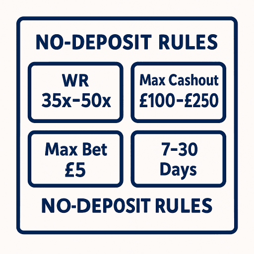 Love Casino No deposit bonus rules — WR 35×–50×, max cashout £100–£250, max bet £5, 7–30 days.