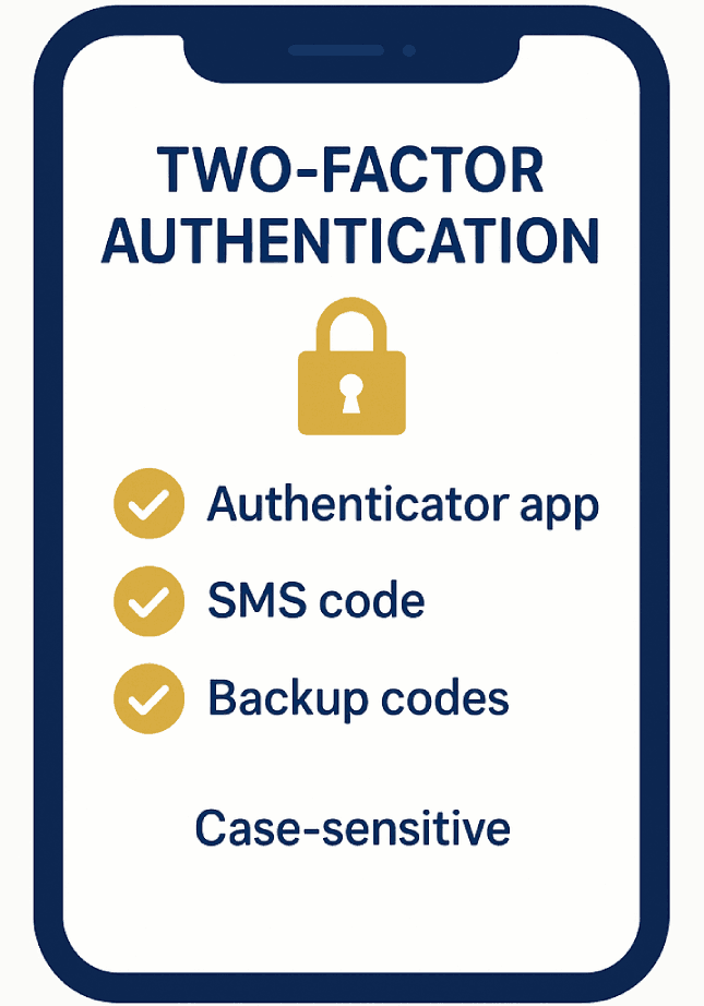 Two-Factor Authentication — authenticator app, SMS code, backup codes.