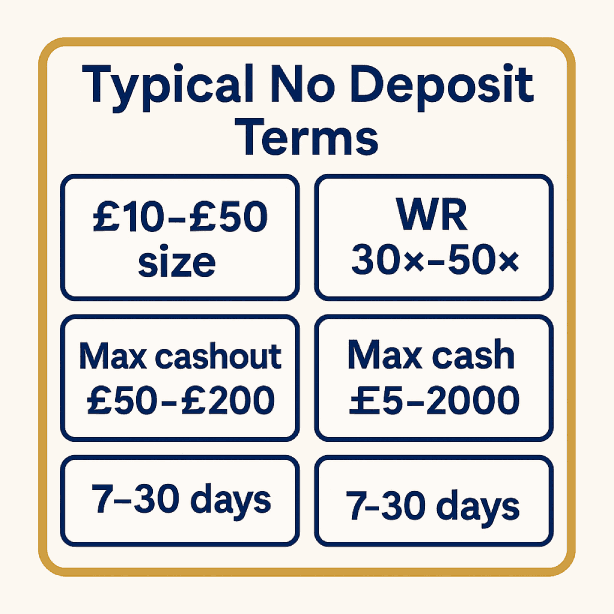 Typical No Deposit Bonus terms — size, wagering, max cashout, time window.