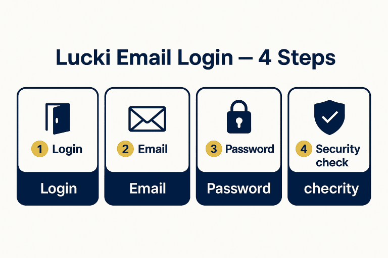 Lucki email login — four steps ribbon (login, email, password, security check).