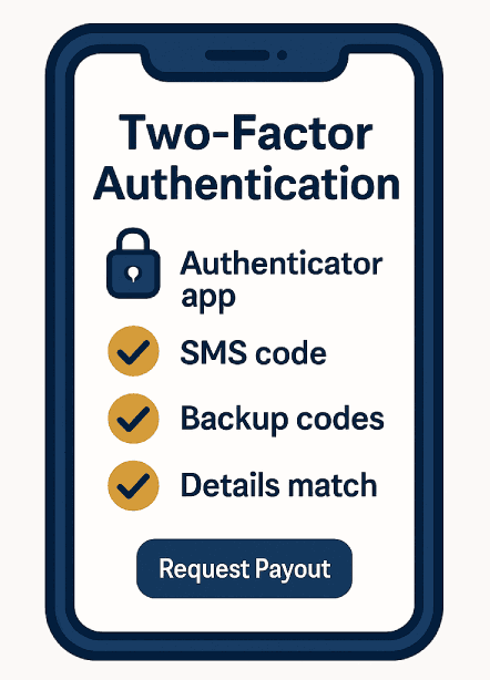 Lucki 2FA — authenticator app, SMS code, backup codes.