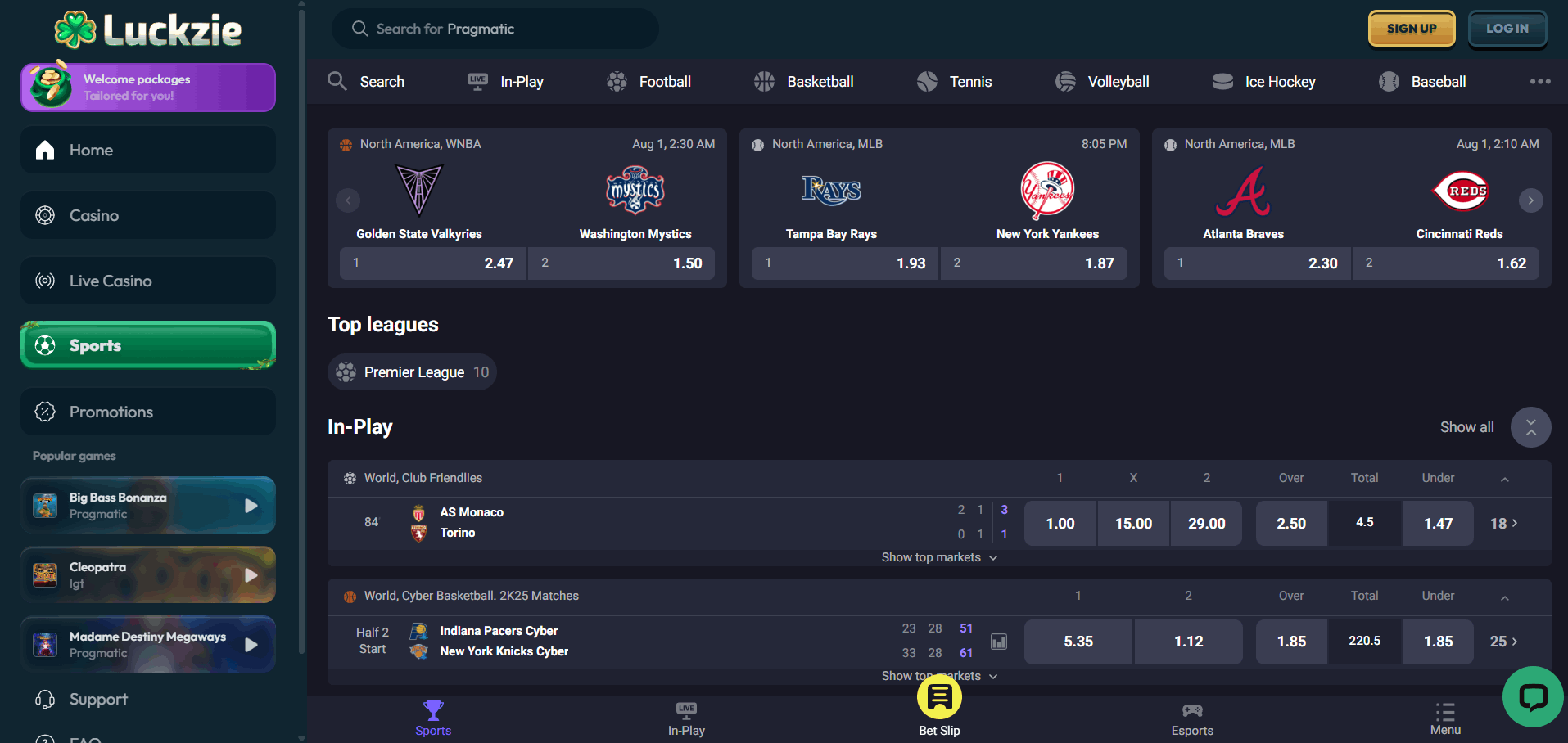 Luckzie sportsbook page – football fixtures, live odds and bet slip sidebar
