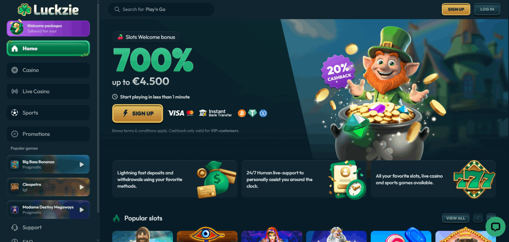 Luckzie main page screenshot with hero banner, game thumbnails and footer badges