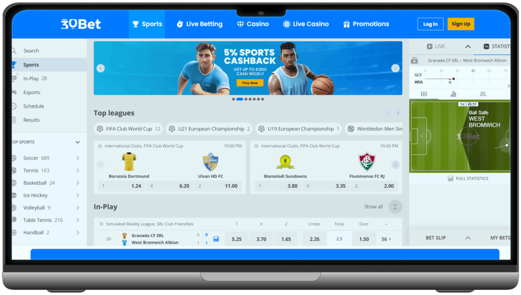 Screenshot of 30Bet Casino Sport Betting Section (desktop view)