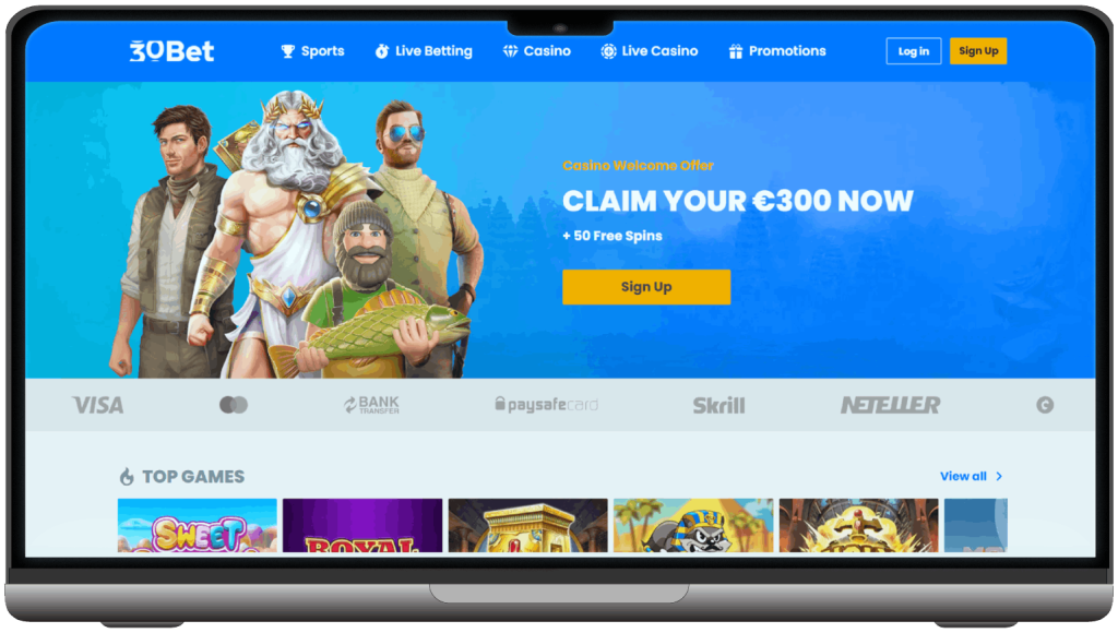 Screenshot of 30Bet Casino homepage (desktop view)
