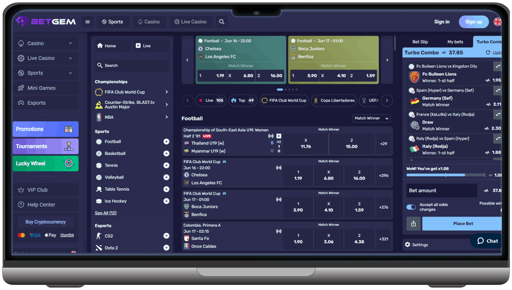 Screenshot of BetGem Casino Sport Betting Section (desktop view)