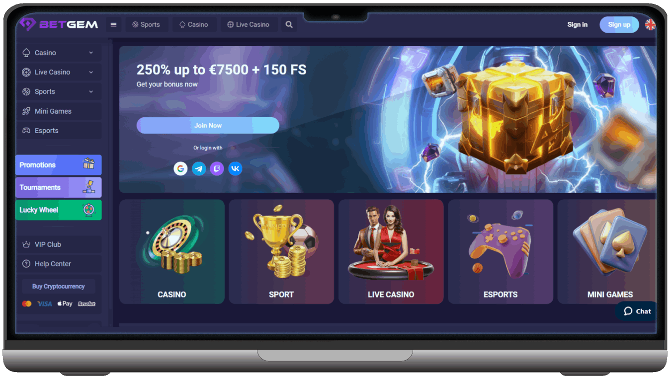 Screenshot of BetGem Casino homepage (desktop view)