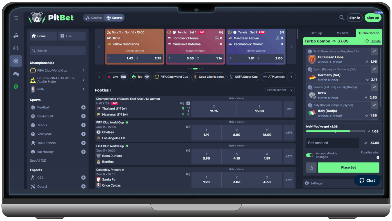 Screenshot of PitBet Casino Sport Betting Section (desktop view)