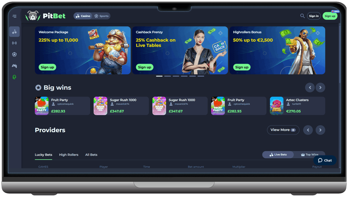 Screenshot of PitBet Casino homepage (desktop view)