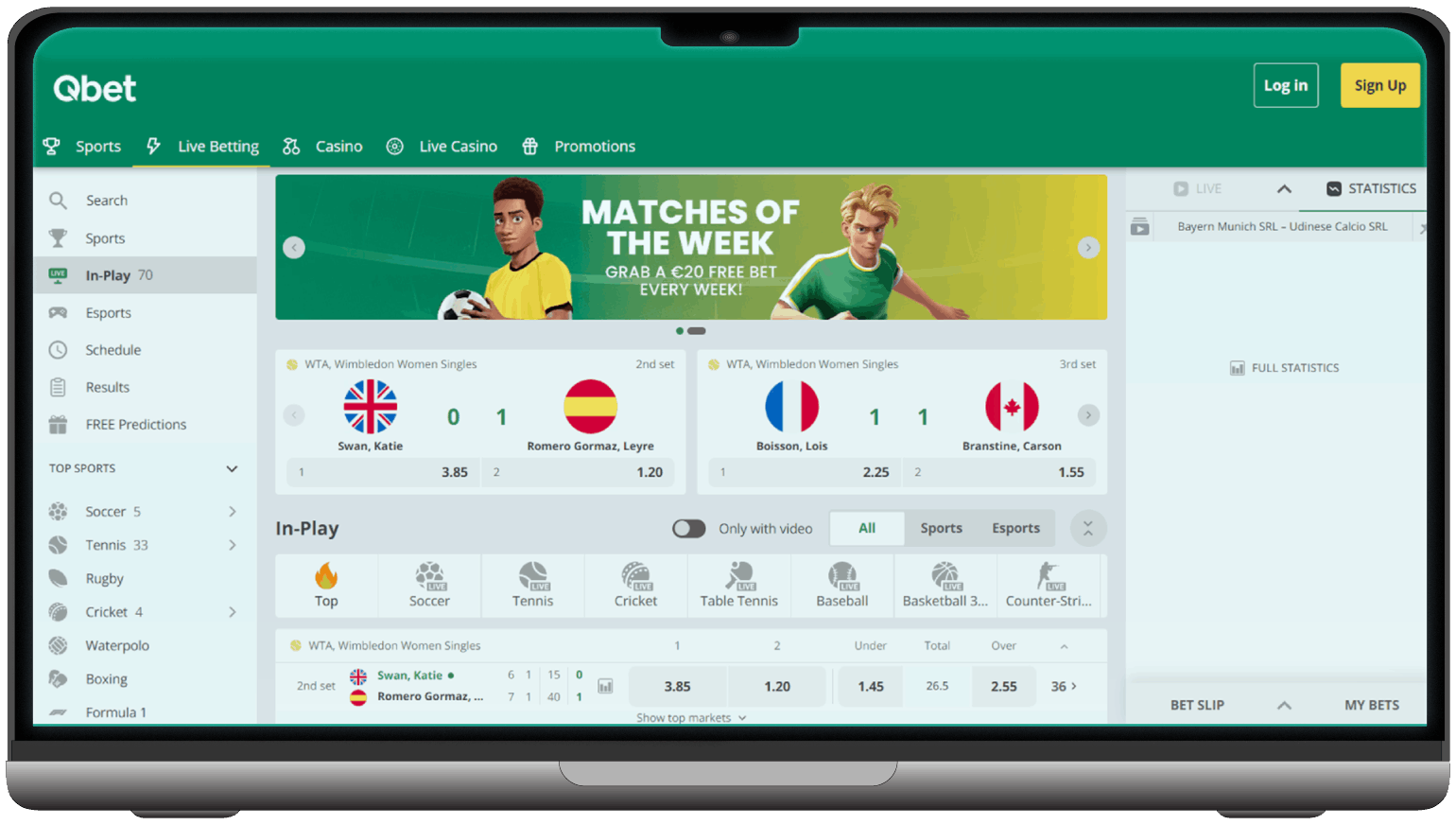 Screenshot of Qbet Casino Sport Betting Section (desktop view)