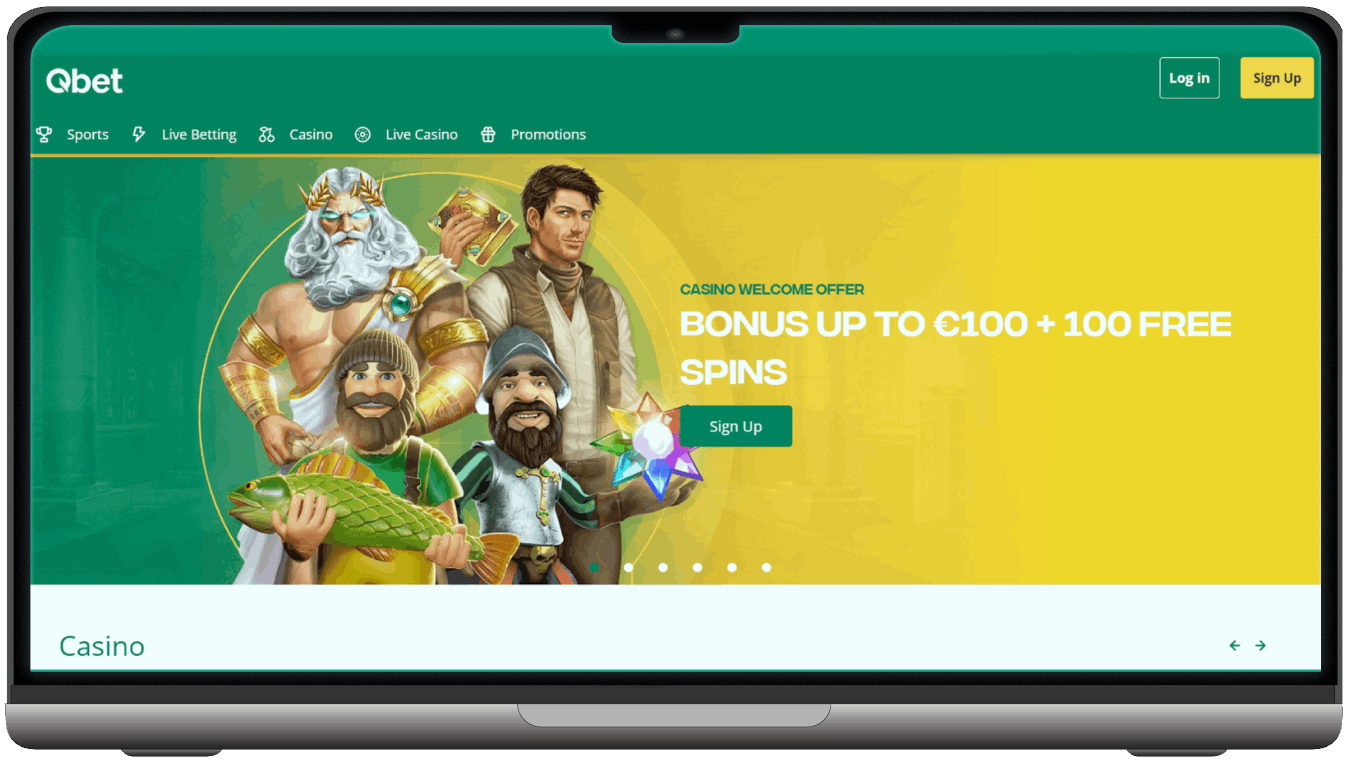 Screenshot of Qbet Casino homepage (desktop view)