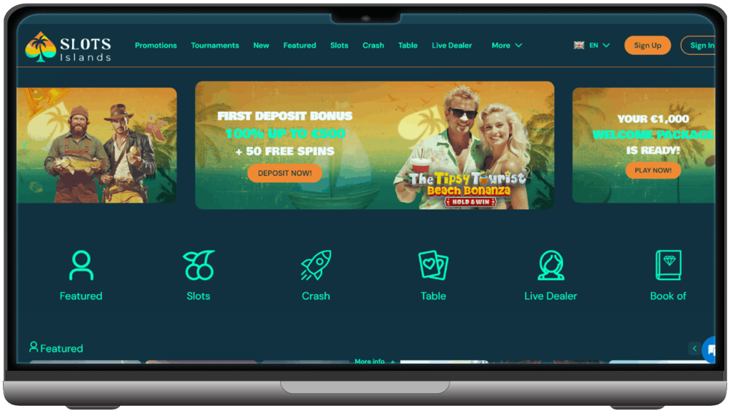Screenshot of Slots Islands Casino homepage (desktop view)