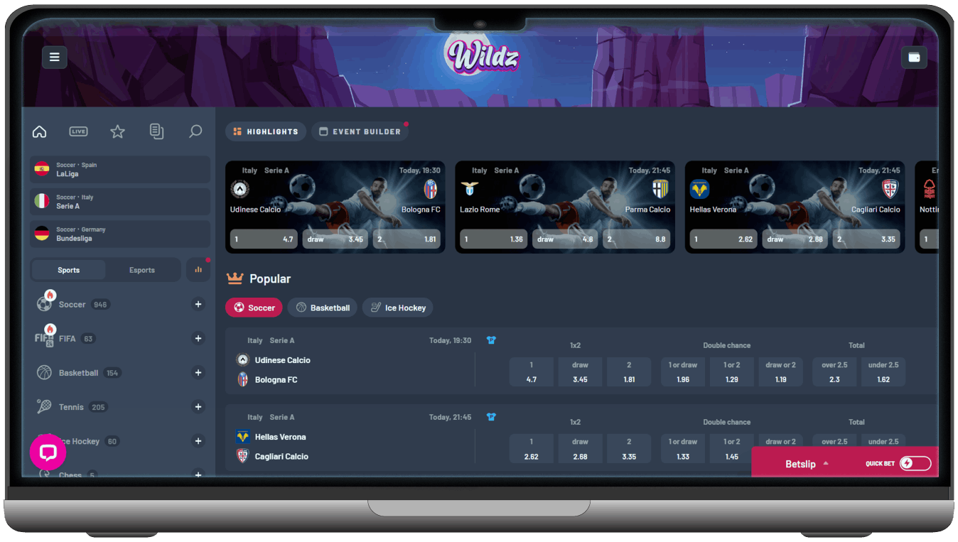 Screenshot of Wildzy Casino Sport Betting Section (desktop view)