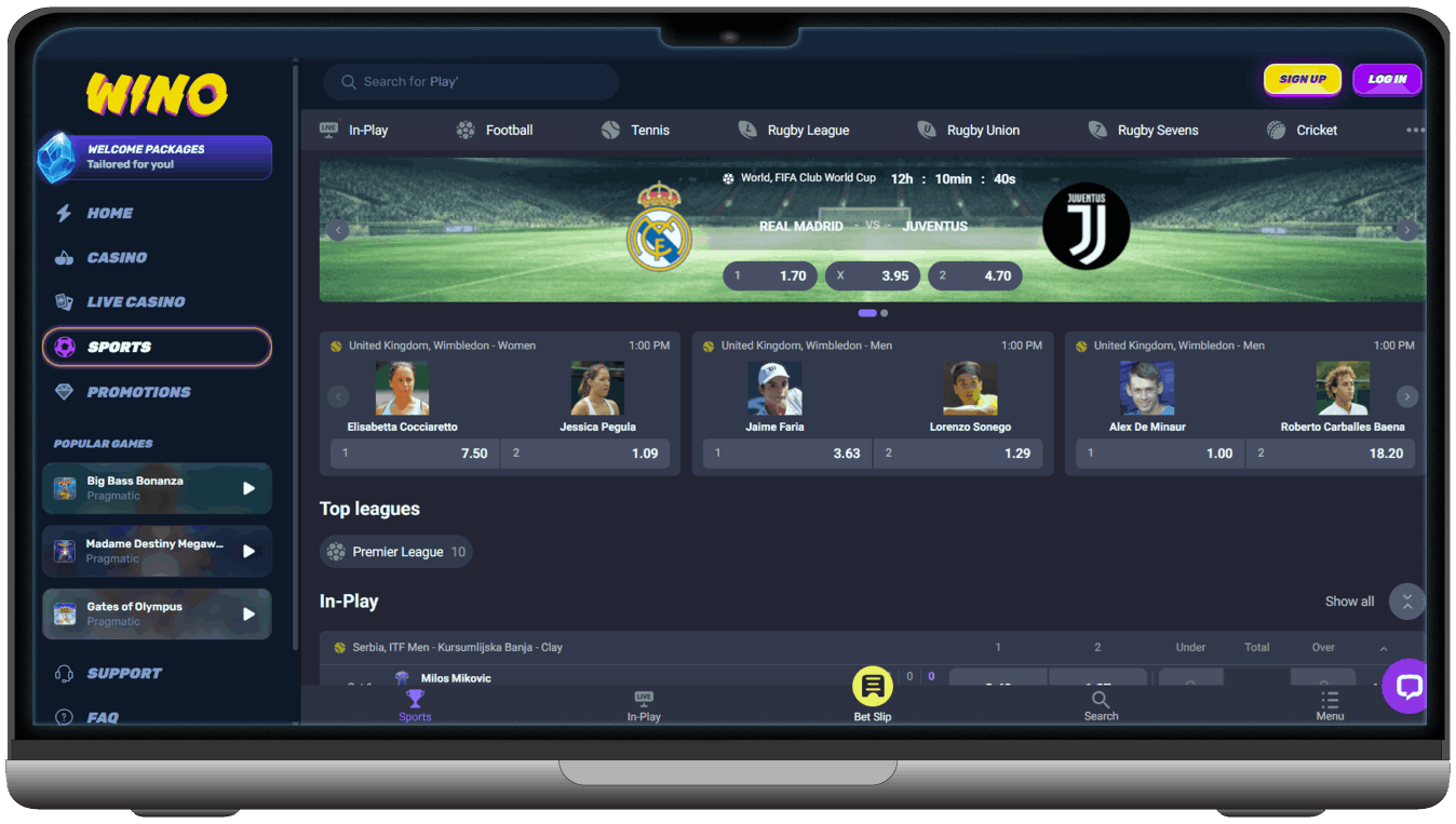 Screenshot of Wino Casino Sport Betting Section (desktop view)