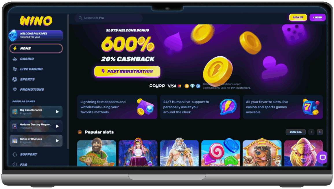 Screenshot of WinoCasino homepage (desktop view)