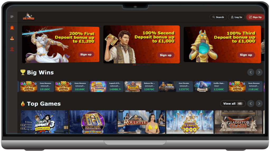 Screenshot of MrJones Casino homepage (desktop view)