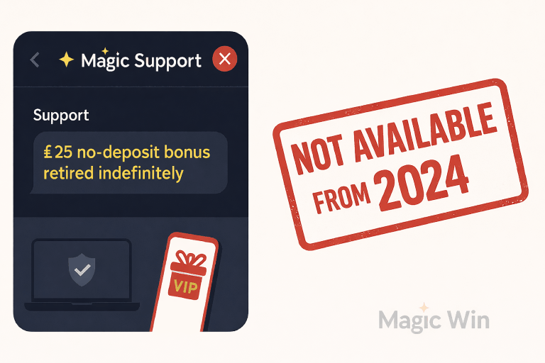 Magic Win support chat confirming the £25 no-deposit bonus is retired indefinitely, with a red “Not available from 2024” stamp.